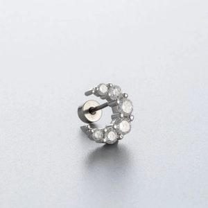 Sparkling C-shaped silver titanium steel earring with clear zircons and screw back