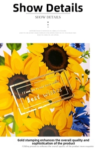 Detailed view of sunflower gift card with elegant gold foil stamped 'Best wishes' text