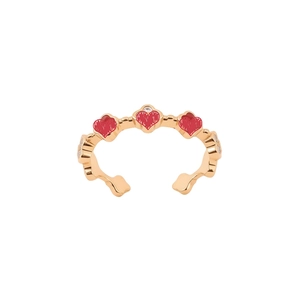 Bague ouverte ajustable plaquée or 18 carats avec cœur rouge et zircons blancs brillants