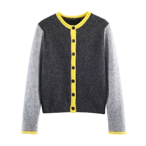 Women Color Block Knit Cardigan Round Neck Single Breasted Button Long Sleeve Polyester Casual Sweater Autumn Winter