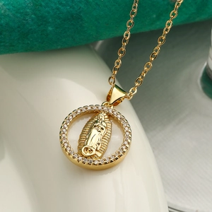 18K gold plated necklace featuring a round Virgin Mary pendant with white zircons