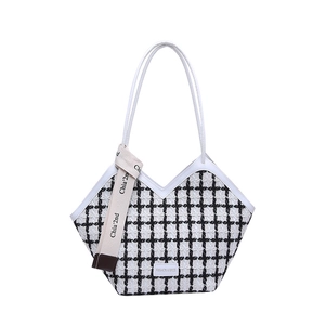 Fashionable black and white checkered tote bag with V-shaped opening and white leather trim