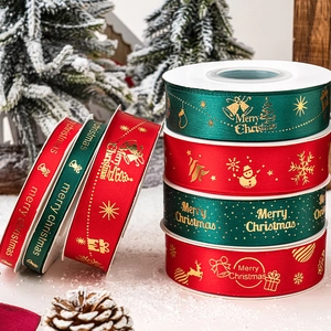 Christmas Ribbons Gold Stamping Polyester Satin For Holiday Gift Wrapping Cake Decoration Merry Christmas Patterns DIY Crafts Party Decor