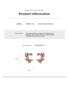 Detailed view of C-shaped leaf earrings with crystals and 1.2cm size measurement