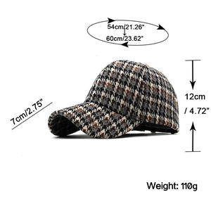 Classic houndstooth thick wool baseball cap for men and women with adjustable strap back