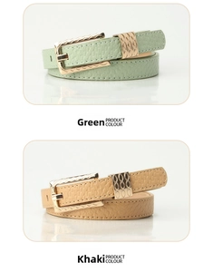 Detail of mint green and khaki leather belts with golden wave-embossed pin buckles