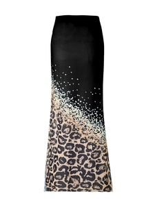 Detail of leopard print mesh maxi skirt showing black waist transition to animal patterns