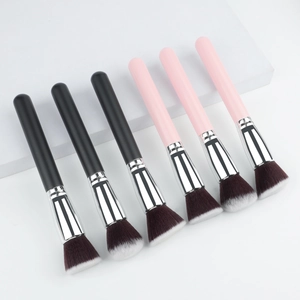Flat top foundation and powder brushes with black and pink handles in a 6-piece set