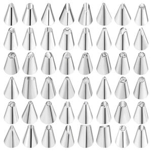 Detailed grid of assorted stainless steel icing nozzles for professional cake decorating
