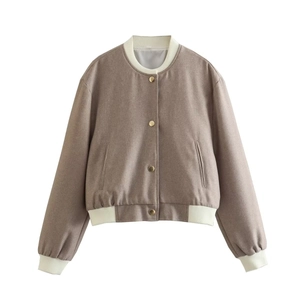 Y2K style color-block bomber jacket with golden buttons and ribbed cuffs in light brown