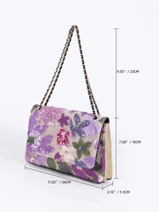 Detailed dimensions of floral embroidery shoulder bag with sequins and chain strap