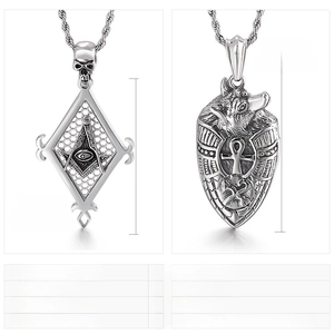 Detailed specs for punk style stainless steel pendants with skull wolf and eye motifs