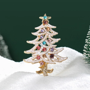 Christmas tree brooch in gold alloy with white enamel and multicolor rhinestones