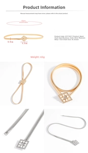 Macro detail of elastic metal waist chain with rhinestone bow and pearl accents