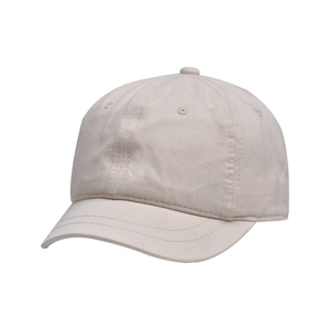 Detailed view of beige cotton canvas short brim baseball cap with visible fabric texture