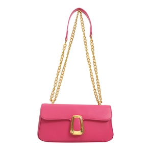 Minimalist bright pink leather crossbody bag with golden chain and geometric buckle