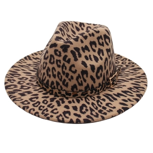 Classic leopard print fedora hat with a belt buckle trim on a white background