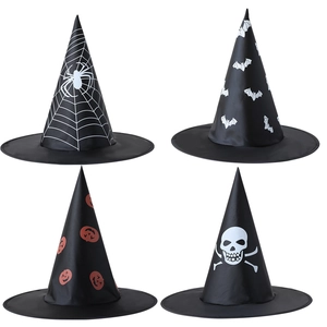 Halloween Witch Wizard Hat Oxford Cloth Printed Bat Skull Spider Web Pumpkin Cosplay Party Costume Props Pointed Wide Brim