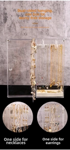 Macro detail of acrylic jewelry organizer hooks for necklaces and earrings