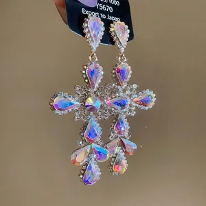 Elegant silver needle cross drop earrings with rainbow crystals and gold-plated finish