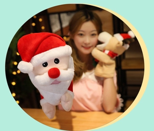 Adorable Santa Claus and reindeer plush hand puppets for festive interactive play