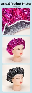 Macro detail of thermal foil hair cap with elastic band for deep conditioning treatments