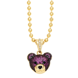 Hip hop style gold bear head necklace featuring purple rhinestones and bead chain