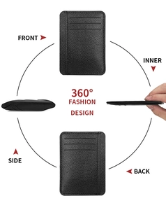 Detailed views of slim black lychee pattern leather card holder showing front and inner slots