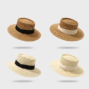 Chapeau Canotier Paille De Papier Sommet Plat Bord Large Ruban Réglable Été Plage Protection Solaire Élégant Français Femmes