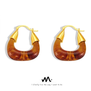 Vintage Copper Gold Plated U Shaped Resin Hoop Earrings For Women Maillard Style Geometric Tortoiseshell Ear Buckle Jewelry
