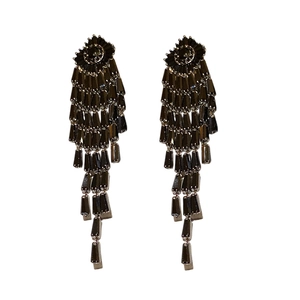 Elegant black rhombus zircon tassel drop earrings with luxurious multi-layered beaded chains