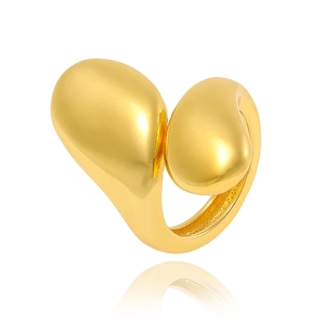 Polished golden open ring with organic water drop design and high-gloss finish