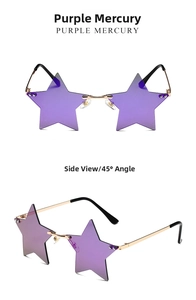 Detail of star-shaped rimless sunglasses with purple mirror lenses and gold metal frame