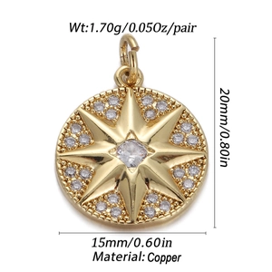 Macro view of gold copper starburst pendant with dimensions 20mm height and 15mm width
