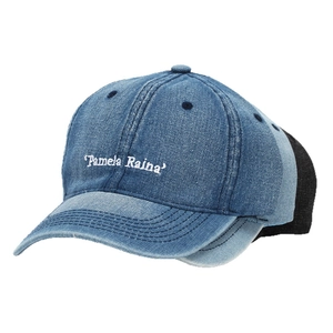 Vintage washed denim baseball cap with Pamela Raina embroidery and curved brim in blue