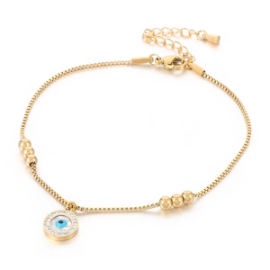 Gold-plated titanium steel anklet with blue evil eye pendant and delicate gold beads
