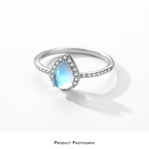 Detailed view of S925 silver ring featuring a pear-cut moonstone and pavé zircon stones