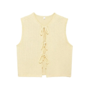 Women's light yellow V-neck knit vest with front bow ties in a loose fit style