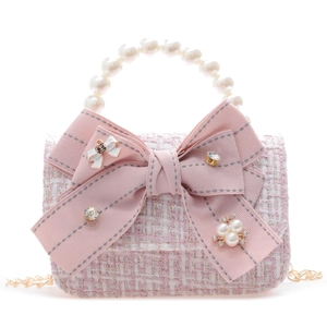 Pink tweed crossbody bag for girls with pearl handle and ribbon bow in sweet style