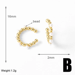 Detail view of 16mm gold-plated C-shaped ear cuff with small white pearls and glossy beads