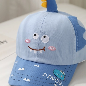 Blue kids baseball cap with cute 3D dinosaur embroidery and DINOS print detail