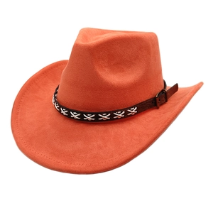 Detail of orange suede cowboy hat featuring brown leather band with white cross stitching