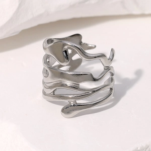 Minimalist silver irregular wave titanium steel ring with an artistic molten texture finish