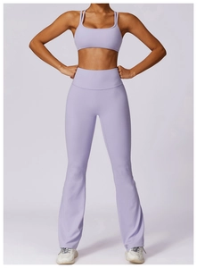 Detail of lavender high-waist yoga set featuring a sports bra and flared leggings