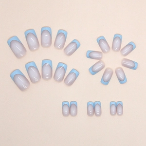 Minimalist light blue French square press-on nails set displayed on a soft pink background
