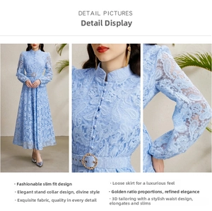Close-up of light blue lace dress showing mandarin collar and textured belt details