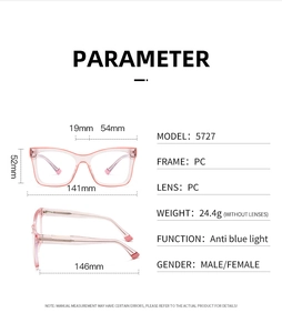 Detailed size specifications and weight technical data for model 5727 anti-blue light glasses