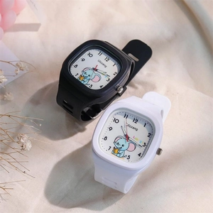 Close-up of cute cartoon elephant dial on square silicone watches for students