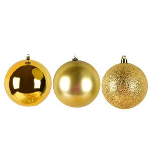 Golden Christmas balls in shiny, matte, and glitter textures for holiday tree decoration
