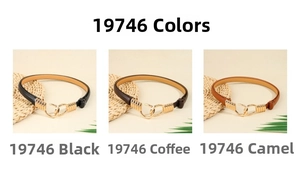 Three adjustable thin leather belts in black, coffee, and camel with gold metal buckles